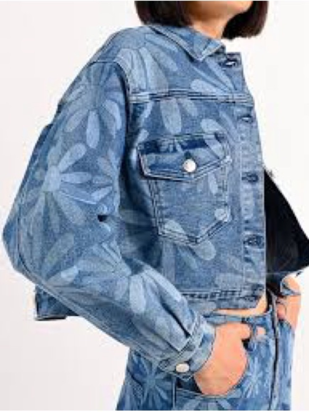 Cropped Floral Print Denim Jacket - Blue